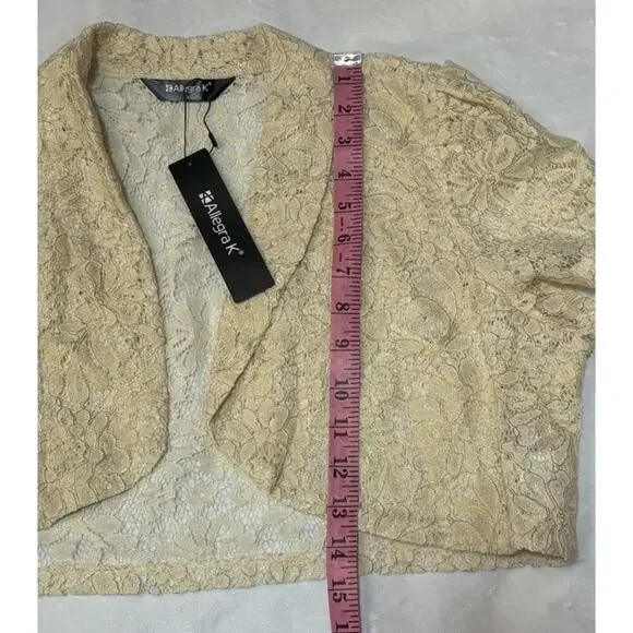 Allegra K Beige Floral Lace Lapel Collar Short Sleeve Bolero Shrug Cardigan L - Picture 5 of 8